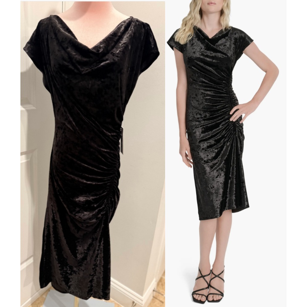 Dkny Women's Size 10 Velour Ruched Sleeveless Dress Black Bodycon Stretch $139